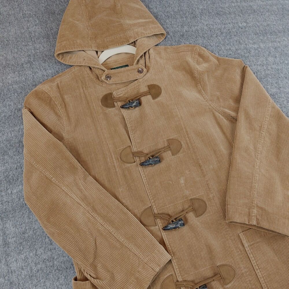 VTG Lauren Jeans Co Ralph Lauren Hooded Corduroy Duffle Coat Women's Large Tan